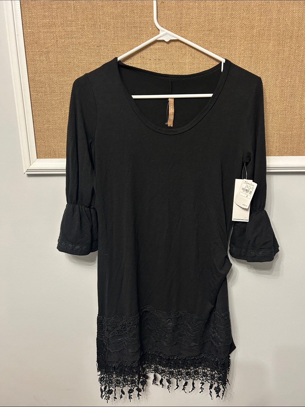 Neiman Marcus Black Lace-Trim Fringe Tunic Dress